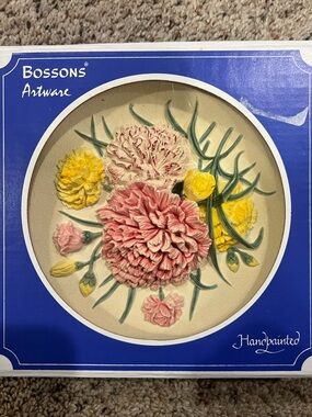 Bossons Artware Handpainted Floral Relief Wall Plaque in Pink, Yellow and Green